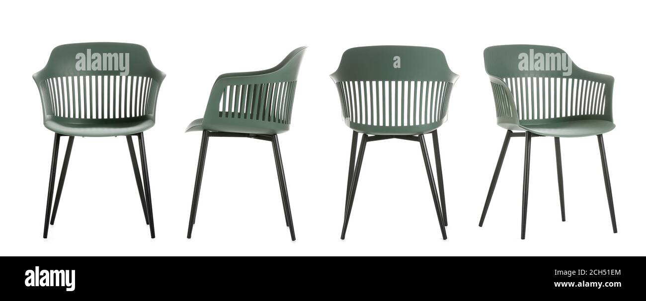 Set of trendy green chairs on white background Stock Photo Alamy