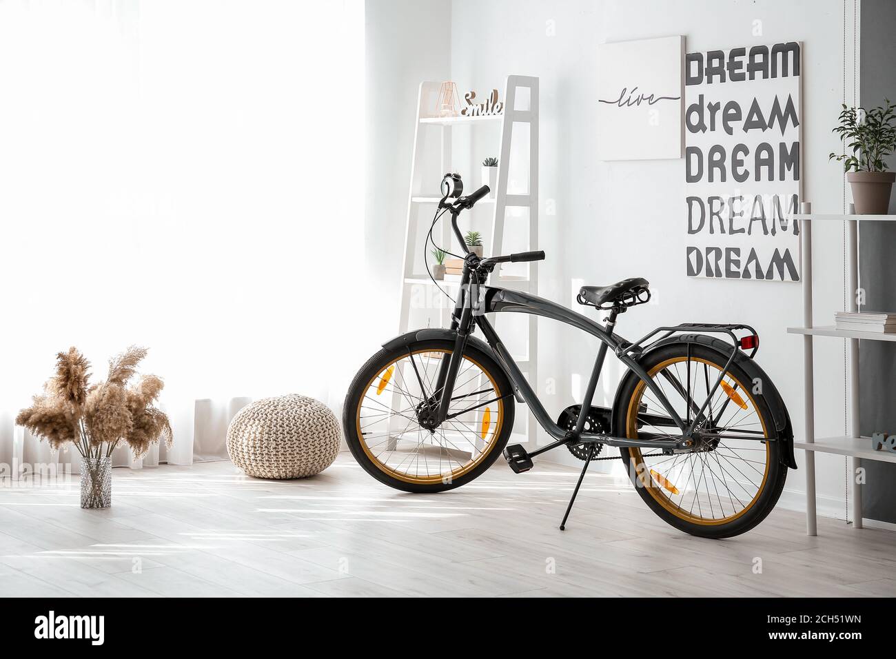Stylish interior of room with bicycle Stock Photo - Alamy