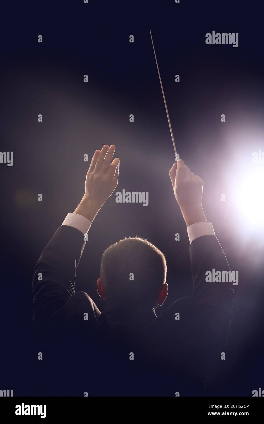 Male conductor on dark background, back view Stock Photo - Alamy