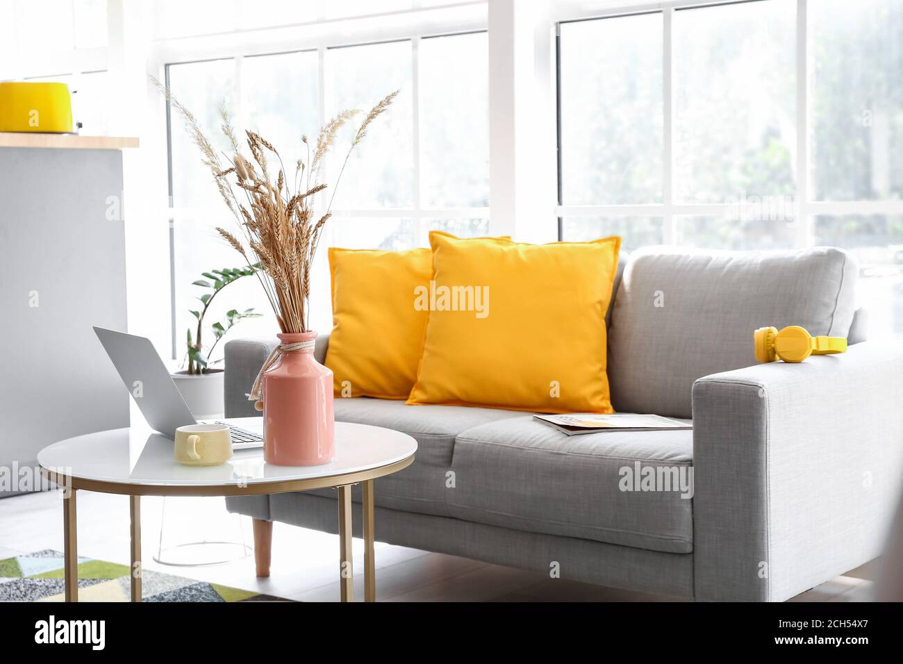 Stylish interior of living room with comfortable sofa and table Stock ...