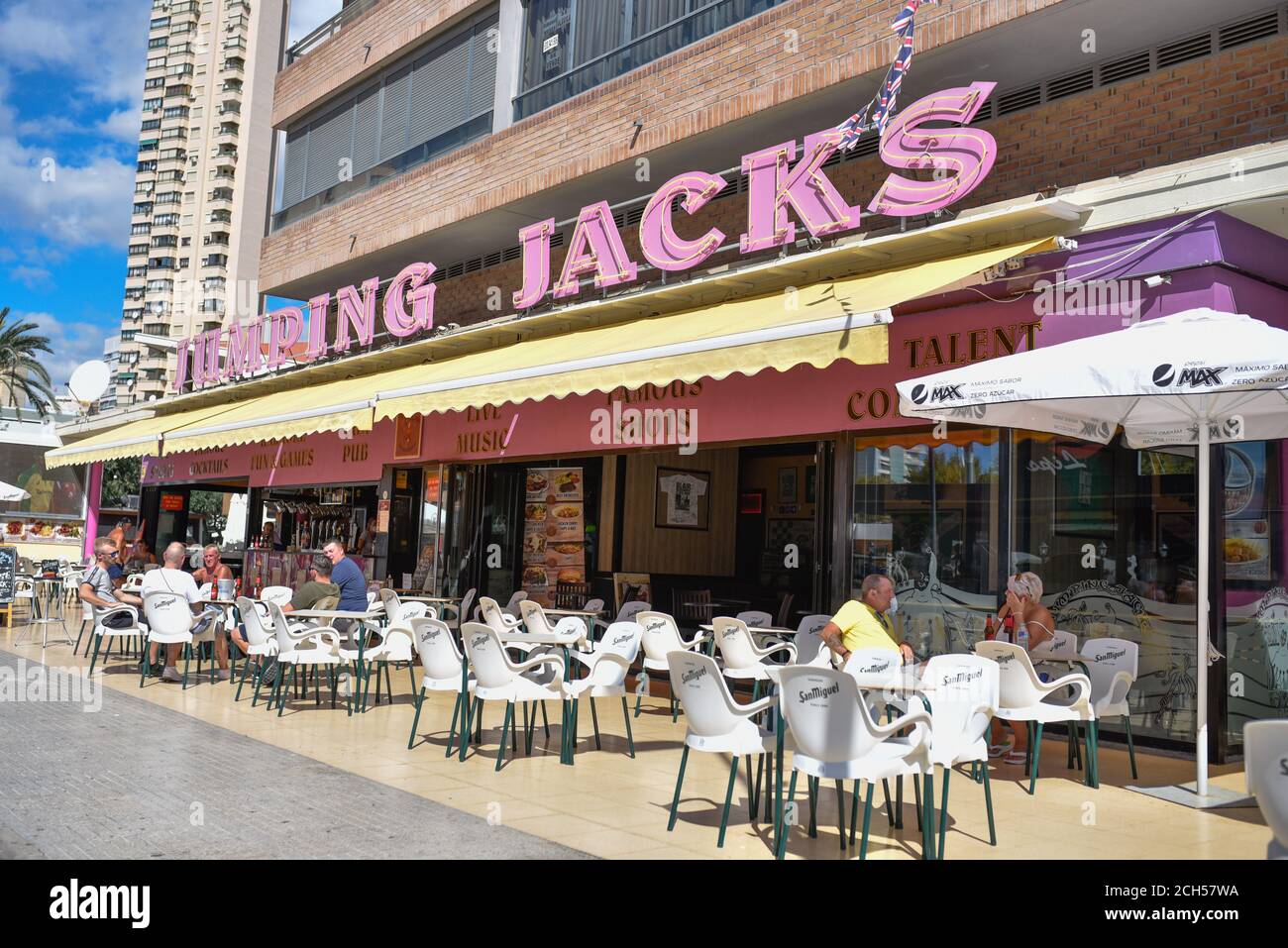 Benidorm, Spain. 9th Sep, 2020. View of Jumping Jacks Bar with few people amid Coronavirus (COVID-19) crisis.When Spain locked down to slow the coronavirus in March, about 25,000 British tourists were enjoying the beaches and bars of the Costa Blanca resort of Benidorm. Local officials quickly ordered hotels to shut their doors, and as the visitors packed their bags and flocked to the airport, the town's tourism industry''”its lifeblood''”went into hibernation along with the rest of the country. Credit: Juan Zamora/SOPA Images/ZUMA Wire/Alamy Live News Stock Photo