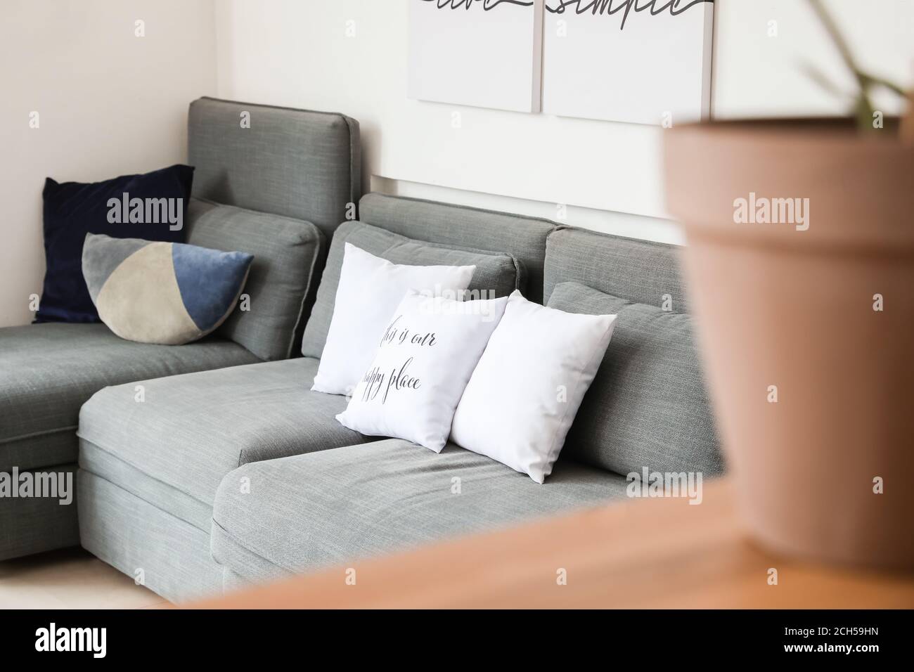 Stylish interior of living room with comfortable sofa Stock Photo - Alamy