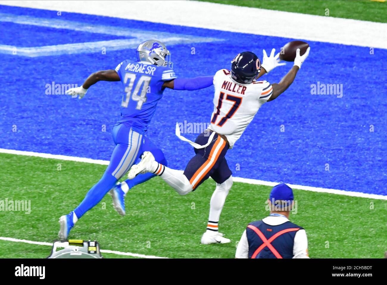 Detroit, USA. 13th Sep, 2020. DETROIT, MI - SEPTEMBER 13: Detroit Lions S  Will Harris (25) leaps over a fallen Detroit Lions CB Amani Oruwariye (24)  in an effort to tackle Chicago