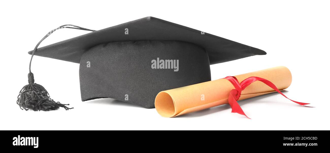 Graduation hat and diploma on white background Stock Photo - Alamy