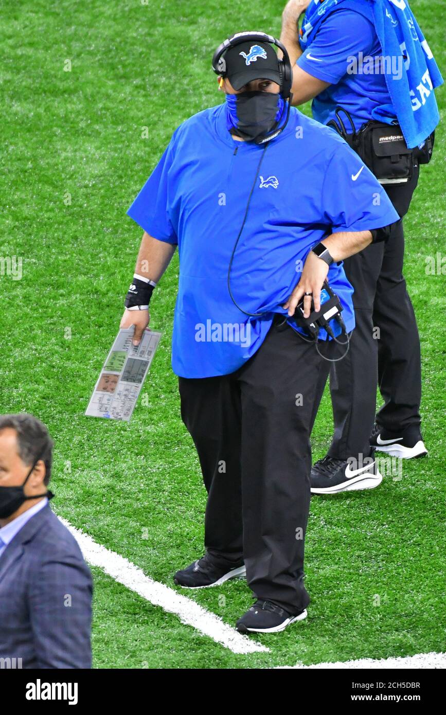 Detroit, USA. 13th Sep, 2020. DETROIT, MI - SEPTEMBER 13: Detroit Lions head coach Matt Patricia during NFL game between Chicago Bears and Detroit Lions on September 13, 2020 at Ford Field in Detroit, MI (Photo by Allan Dranberg/Cal Sport Media) Credit: Cal Sport Media/Alamy Live News Stock Photo