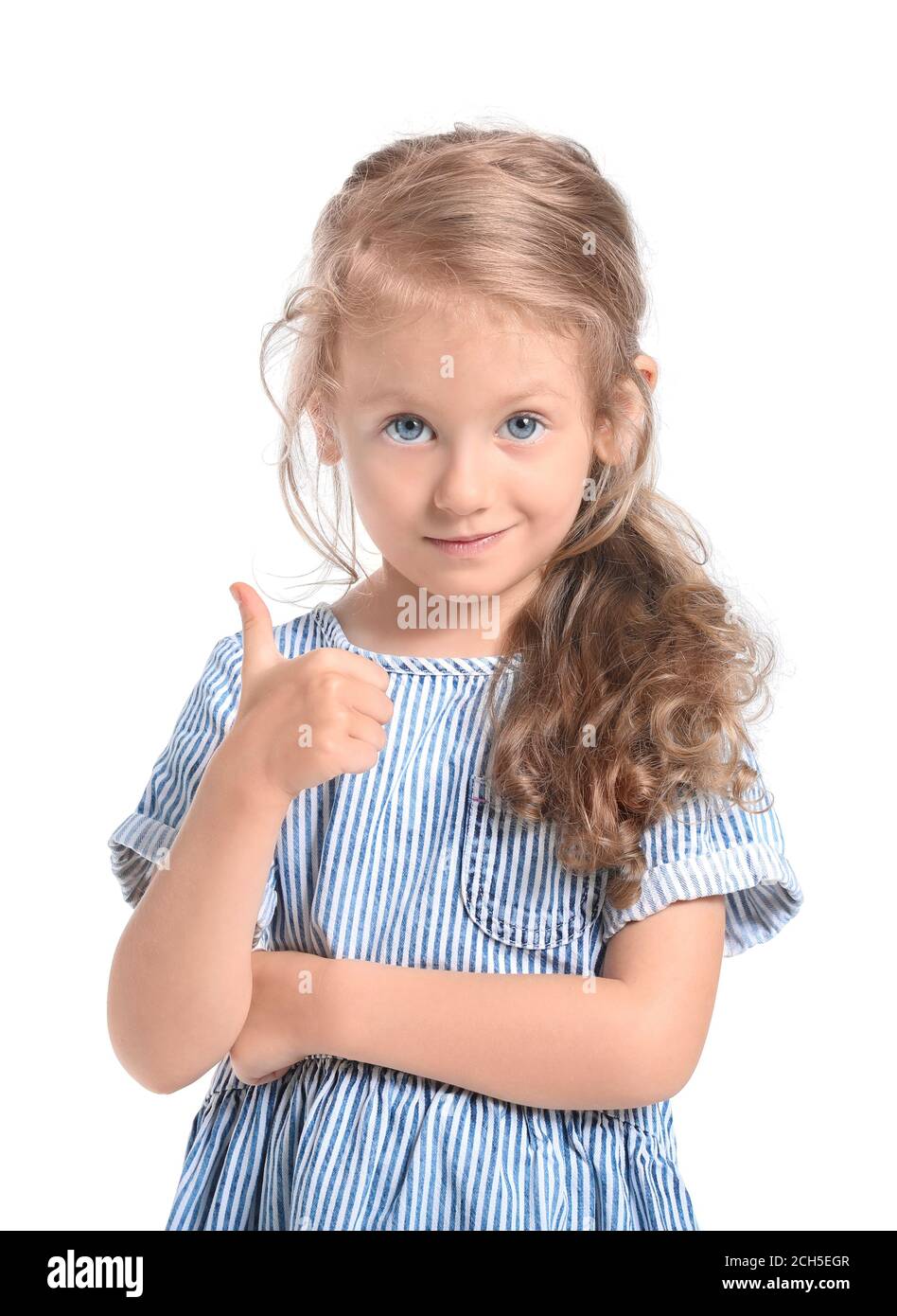 Cute little girl showing thumb-up on white background Stock Photo - Alamy