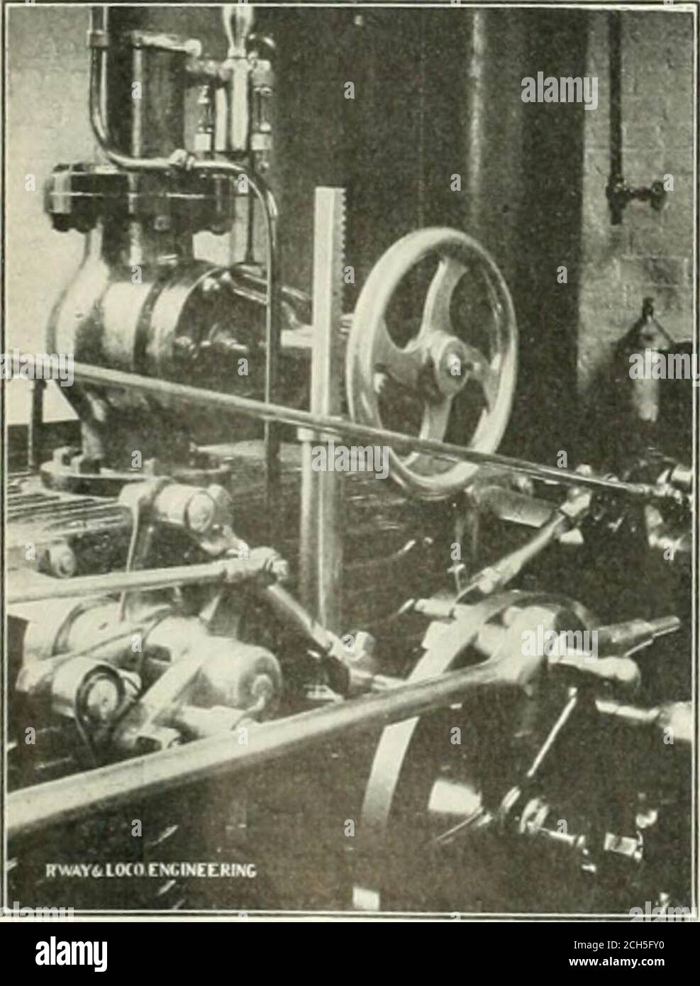 . Railway and locomotive engineering : a practical journal of railway motive power and rolling stock . THE WESTl.NGllOfSK AlK ISKAKE CuMfA.W S OIIICKS AND WORKS .T HA.MILTON, ONTARIO, CANADA. Fig. I shows an ingenious device at-tached to the throttle valve of a sta-tionary engine, for instantly stopping theengine in case of danger to life or ma-chinery. A cylinder l54-in. diameter byi2-in. long is placed below and at oneside of the throttle valve stem. The tophead of this cylinder has a square hole,through which passes a i-in. square pis-ton rod, having teeth cut on the side. FIG. 1. THROTTLE Stock Photo