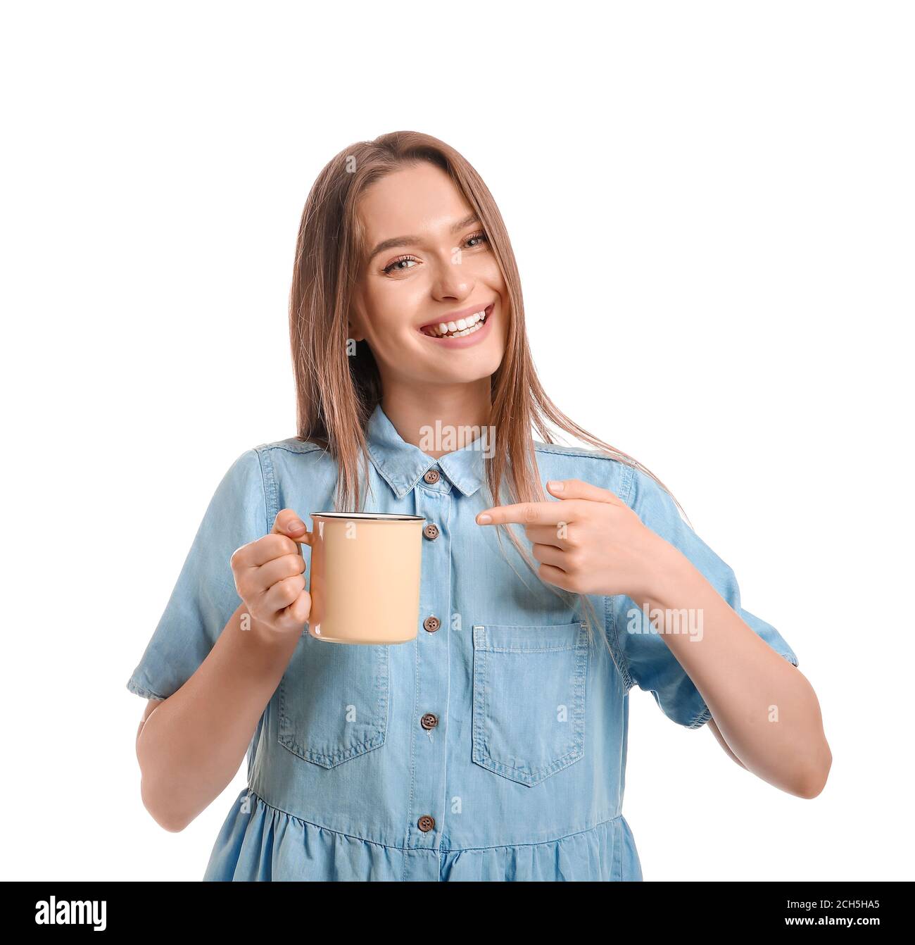 Beautiful young woman with cup of tea on white background Stock Photo ...