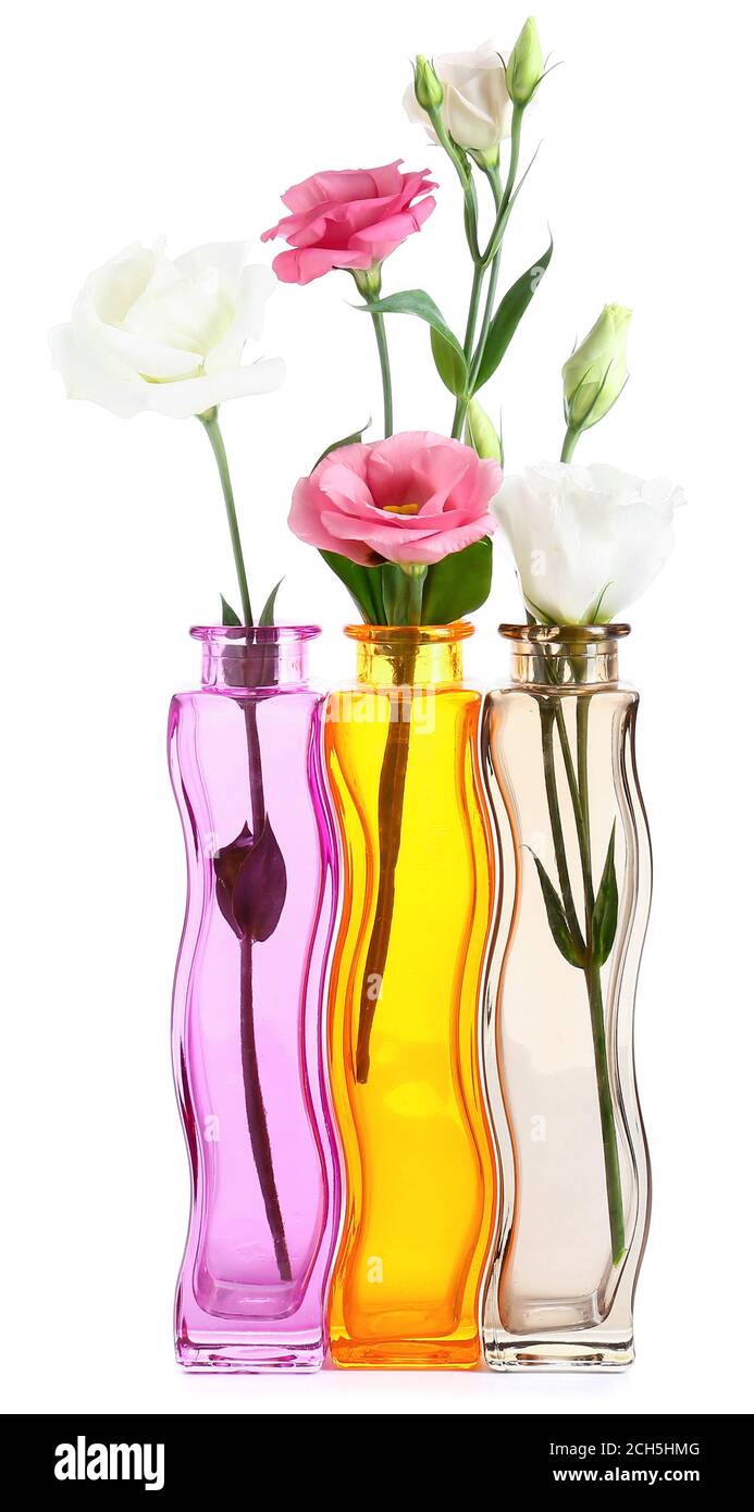 Beautiful vases with flowers on white background Stock Photo - Alamy