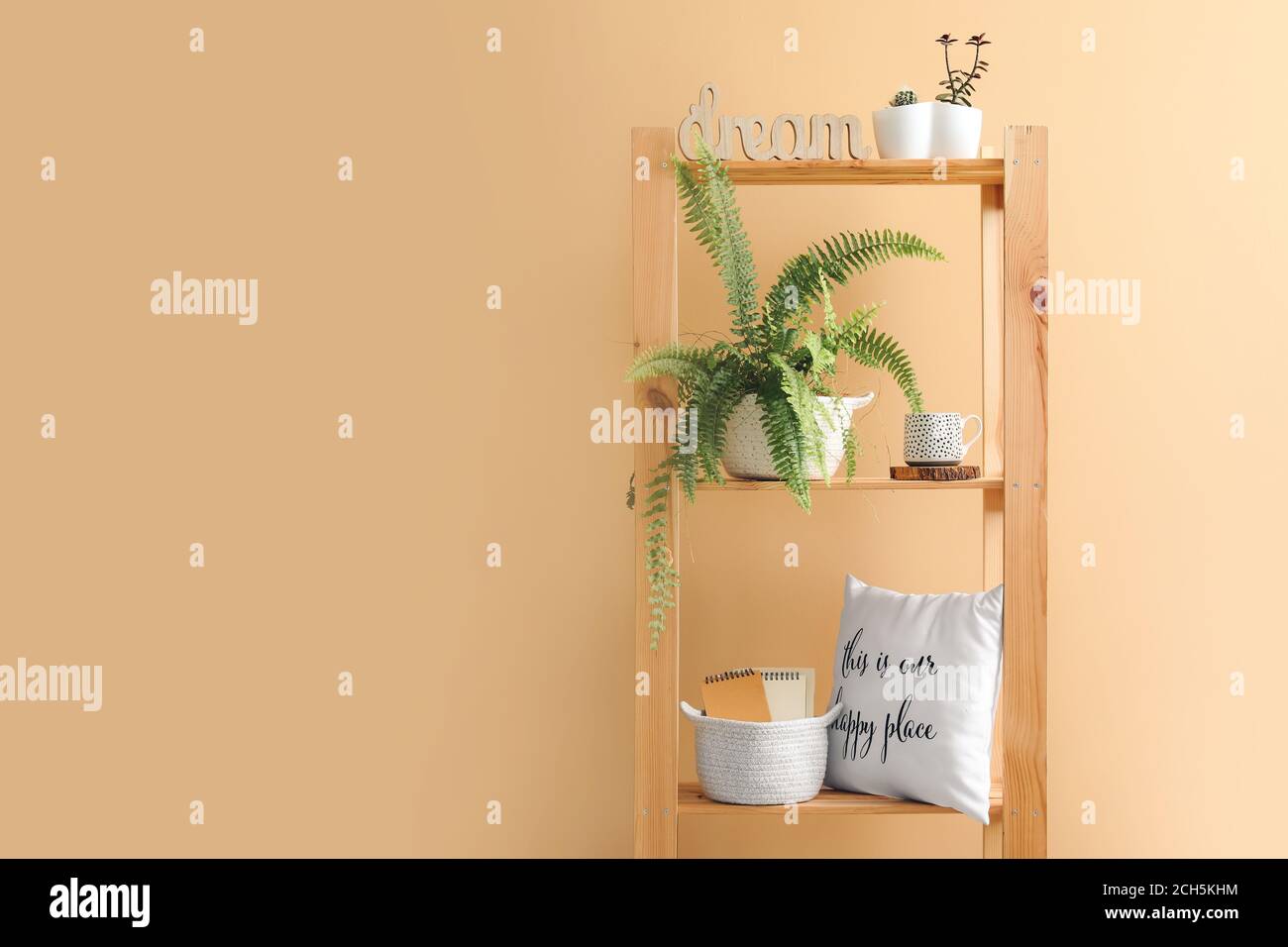 Wicker baskets with houseplants and pillow on rack in room Stock Photo