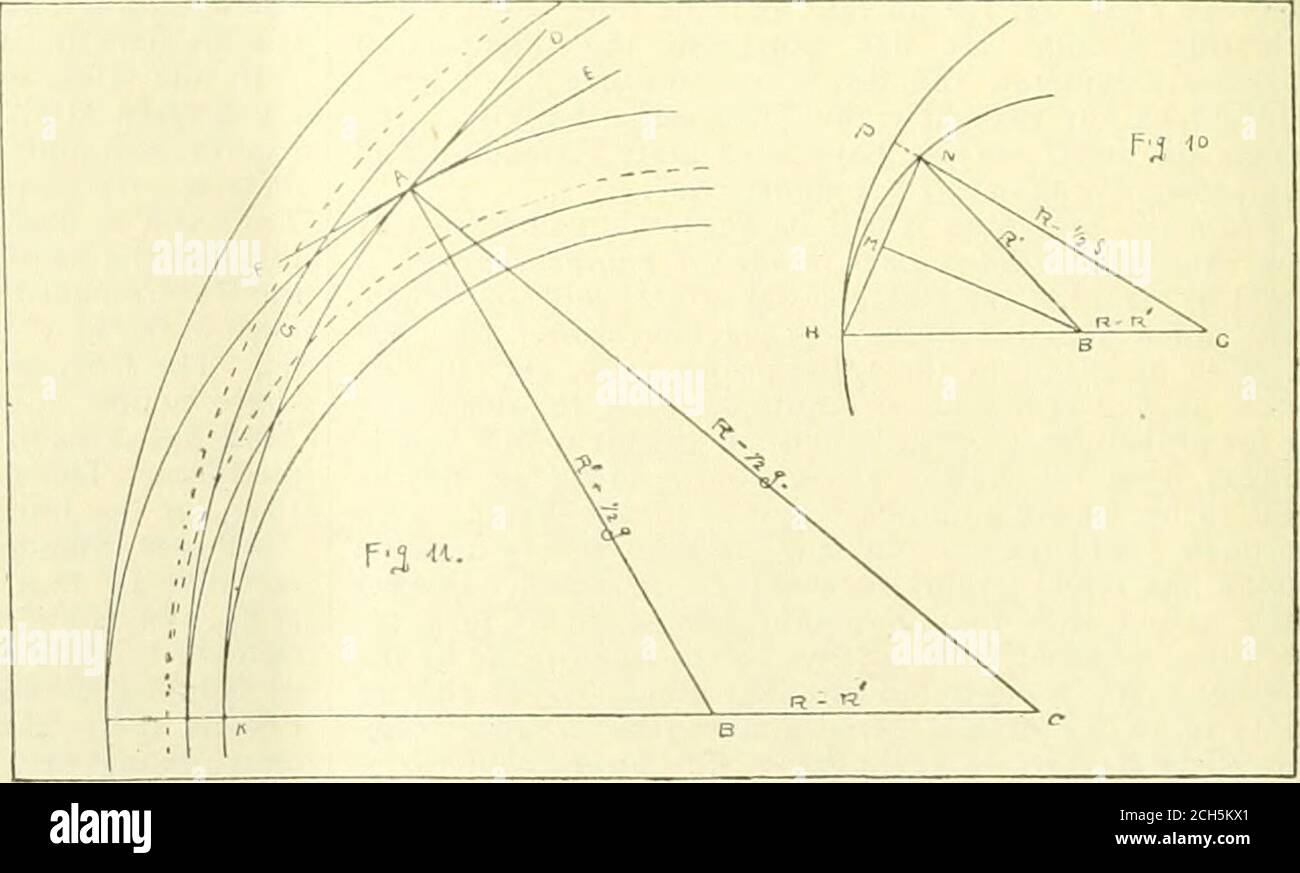 . American engineer and railroad journal . ) + (573-7-0.417) ,„, , ,J =: ^ = 573 491 J- — /? = 573.491 — 380= 193 4gi 2.2S66607 -f — {R— AJ =573.491 — 193.7 = 379 791 2.5795446 yi? = 380.000 ar. comp 7.4202164 j^ —/?= 193.700 ar. comp 7.7128704 9992921 Extracting sq. root 2)19 ^ C.5 A^= 87° 41 sin. 9.9996460 from which the angle CBN= 175 22and the angle180= - 175° 22 „ , ; = 2 19. A B AI =Then, 8.60662262^57978361.1864062 AJ/i5.36= 154i.from which A-^ H = 30 Si. The length of the arc // A may be found in the samemanner as described for Eq 7. To find the frog angle D A E = R .1 C. fig. 11, ofth Stock Photo