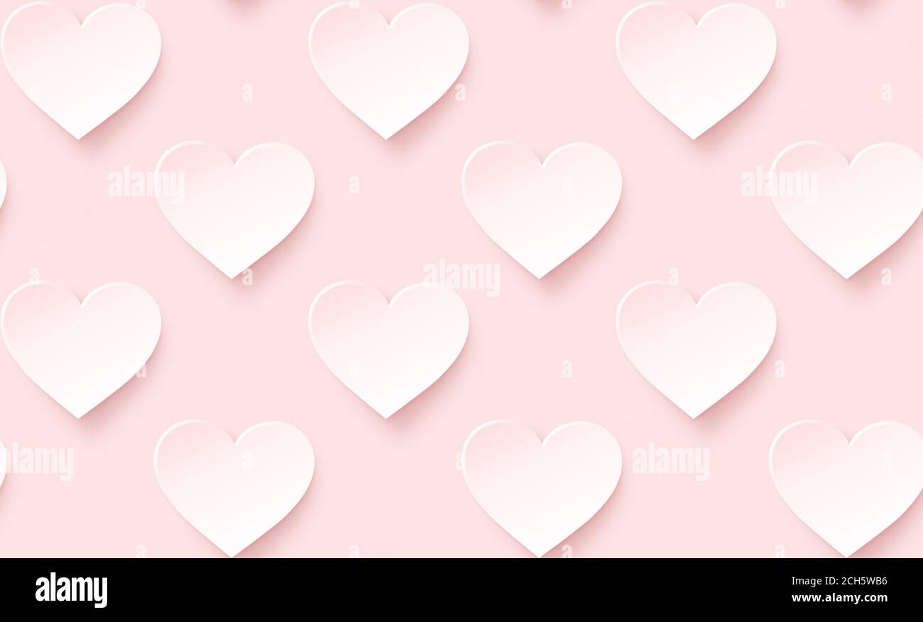 White hearts with pink hue on pink background. Symbol of love and Valentine's Day. Modern and trendy conceptual abstract background, seamless pattern. Stock Photo