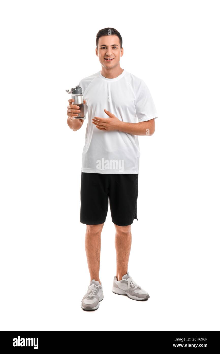 Sporty young man with bottle of water on white background Stock Photo ...