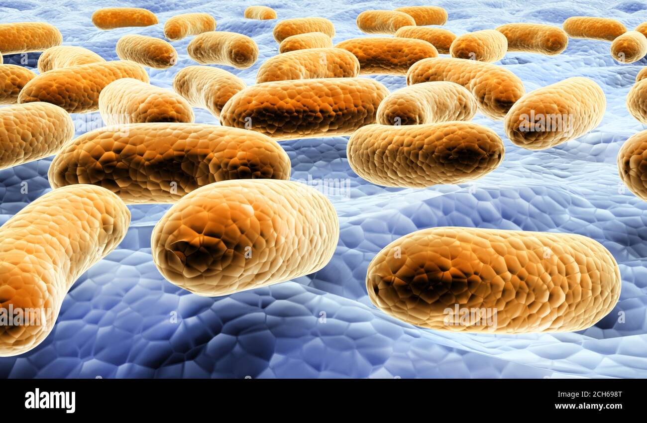 Viruses under microscope. Fast multiplication of bacteria. Infection and microbe.3d render Stock Photo