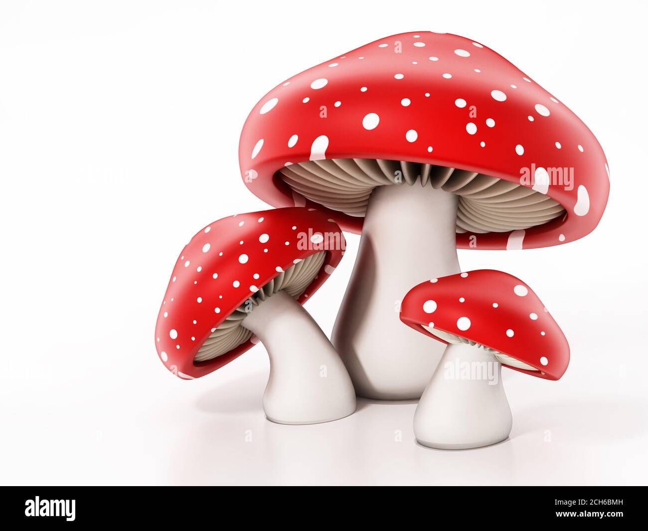 Red and white wild mushrooms isolated on white background. 3D illustration. Stock Photo
