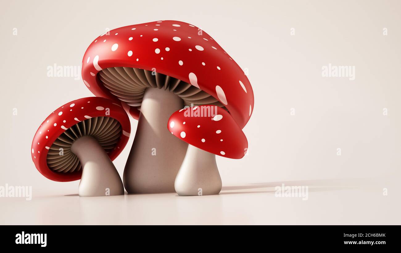 Red and white wild mushrooms. Copy space on the right. 3D illustration. Stock Photo