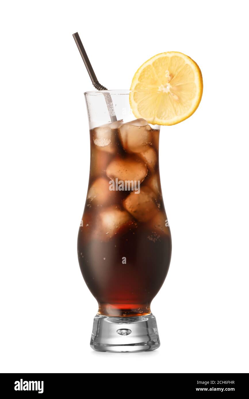 Glass with cola and ice cubes on white background Stock Photo - Alamy