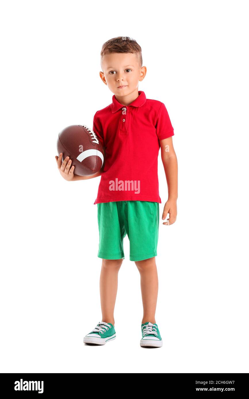 Little boy with rugby ball on white background Stock Photo Alamy