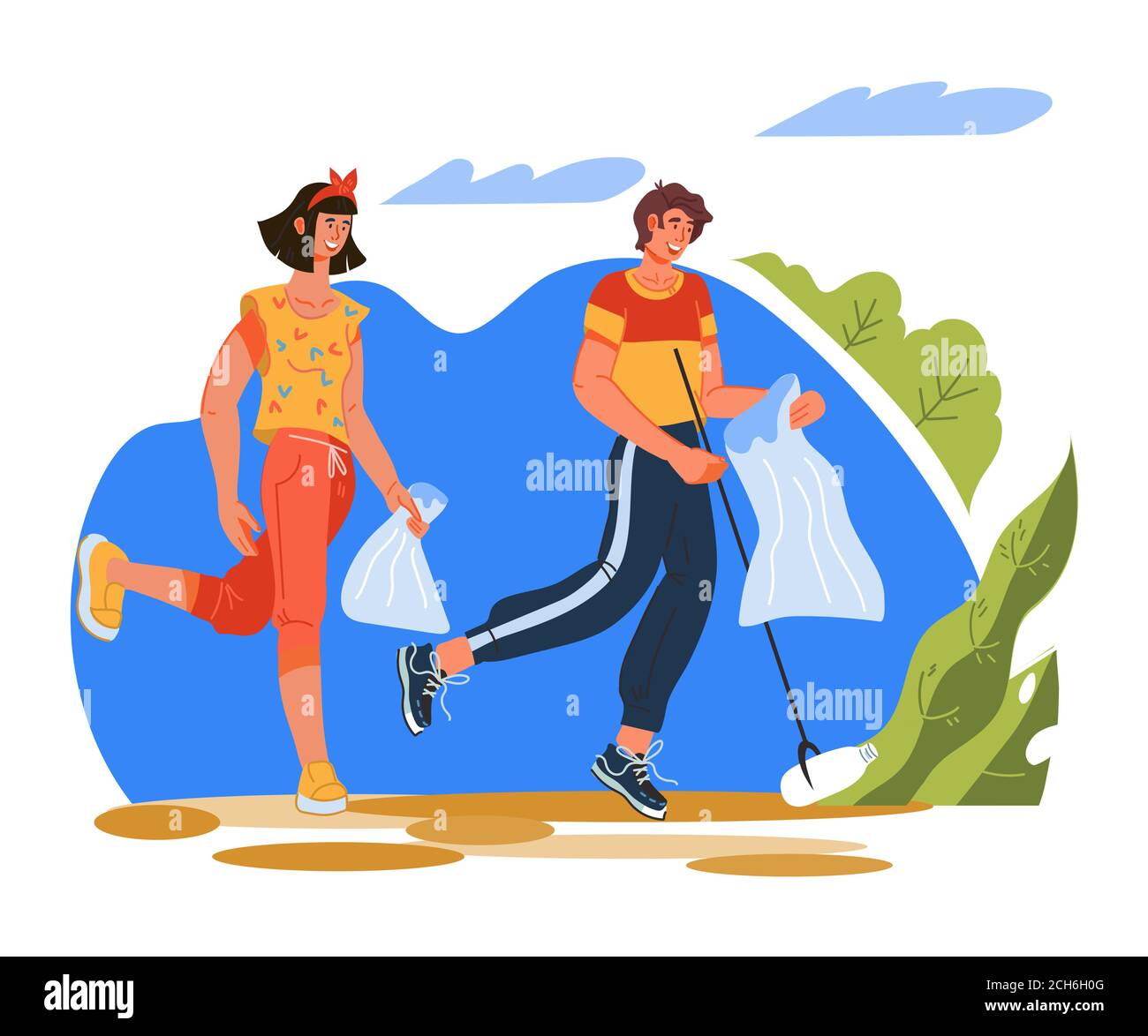 Plogging ecological challenge with running people picking up trash into