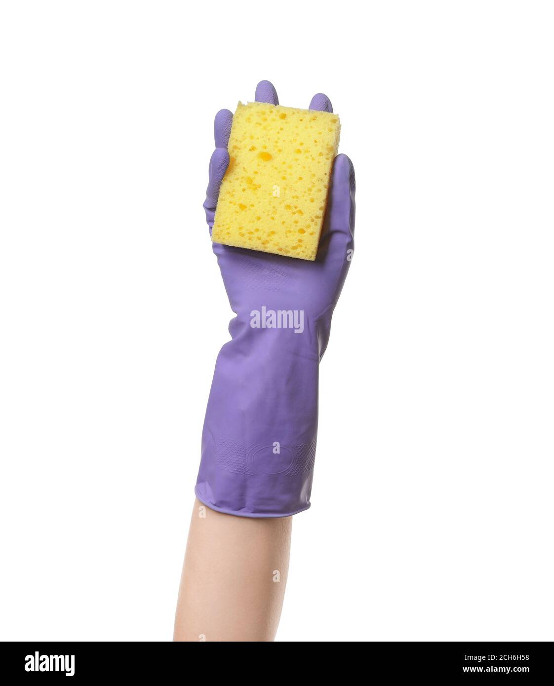 Hand in rubber glove holding sponge on white background Stock Photo - Alamy