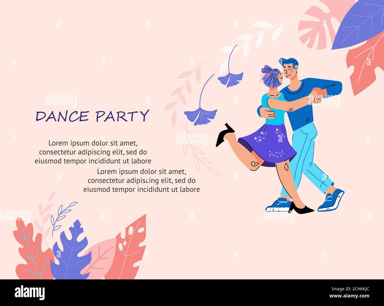 Dance party card or banner with couple dancing. Stock Vector