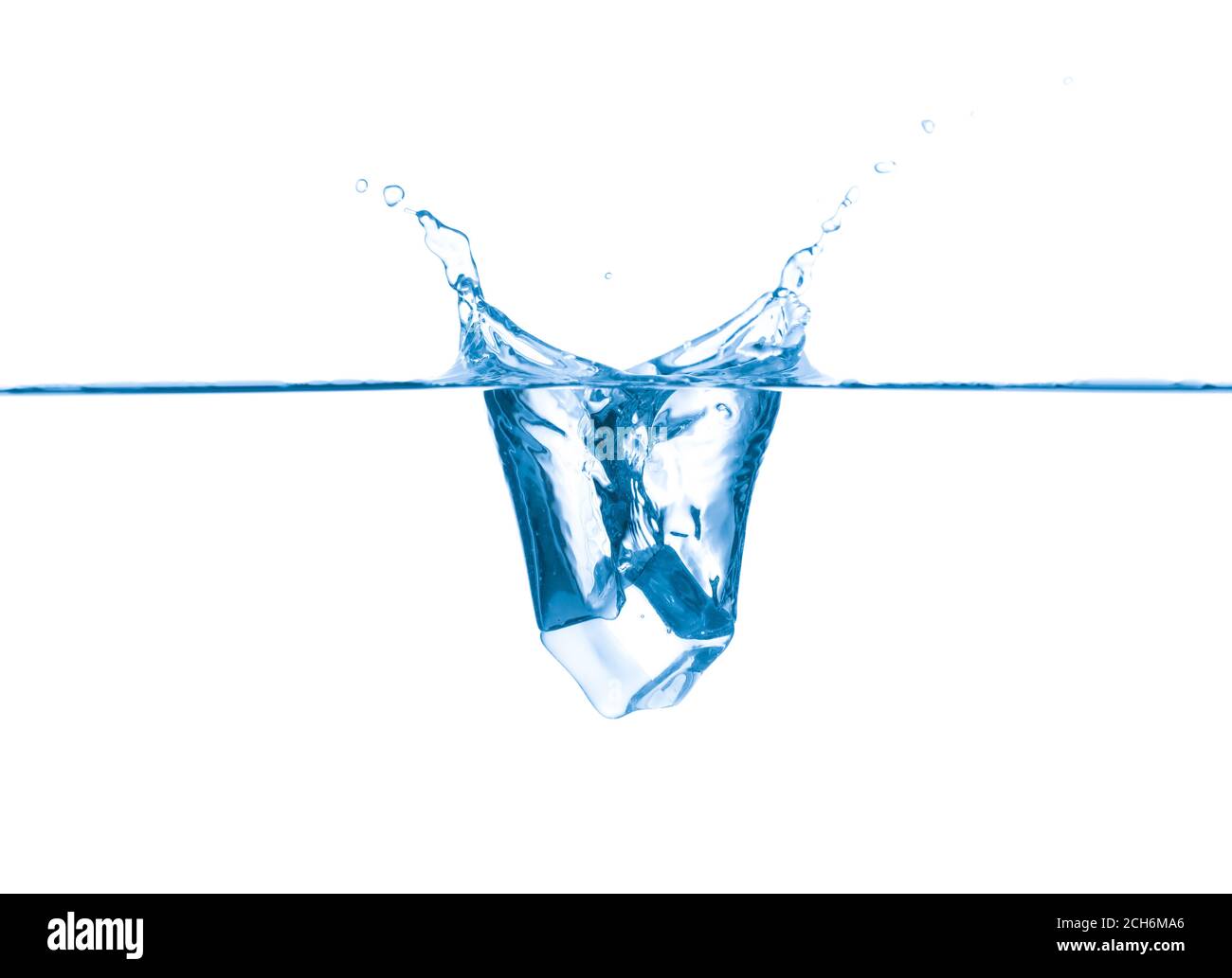 Falling of ice cube into water on white background Stock Photo - Alamy