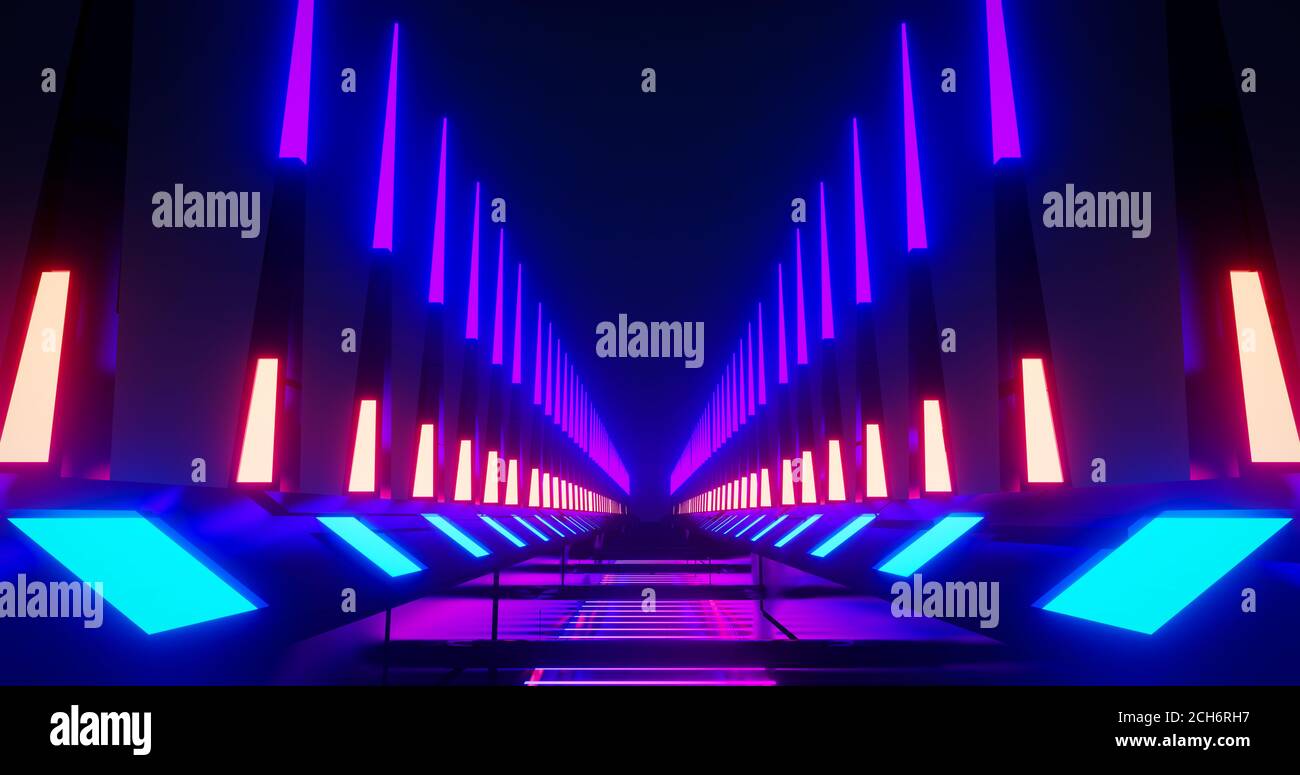 3d rendering sci-fi futuristic neon corridor with purple, blue and red ...