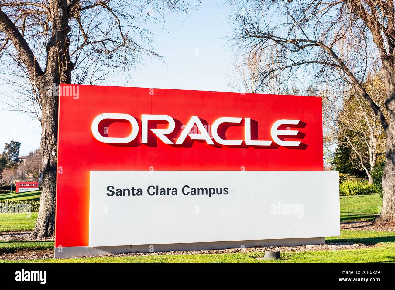 February 7, 2020 Santa Clara / CA / USA - Oracle logo at their campus in Silicon Valley; Oracle Corporation is a global computer technology company sp Stock Photo