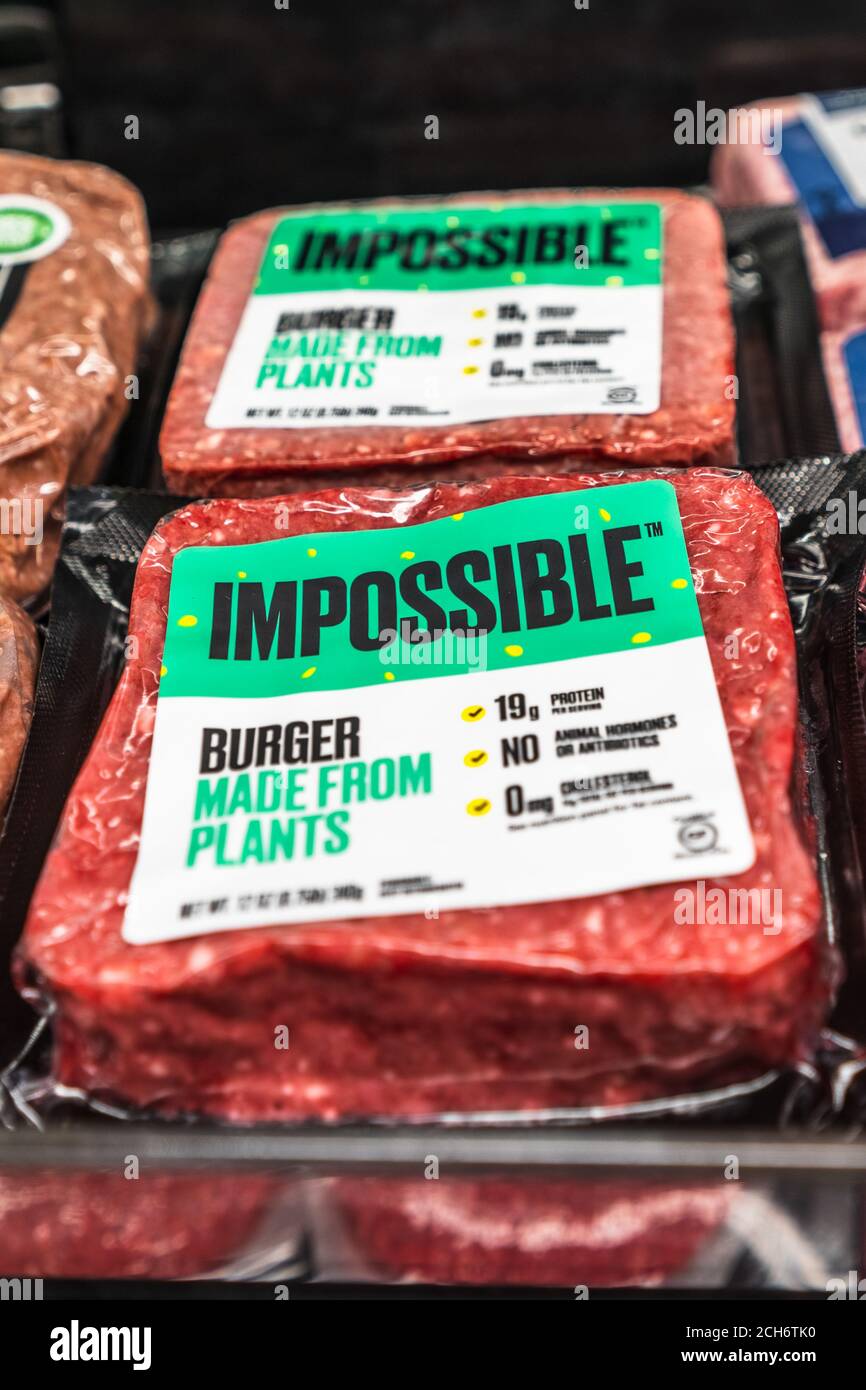 May 21, 2020 Sunnyvale / CA / USA - Impossible Burger packages available for purchase in a supermarket; the Impossible Burger is produced by Impossibl Stock Photo