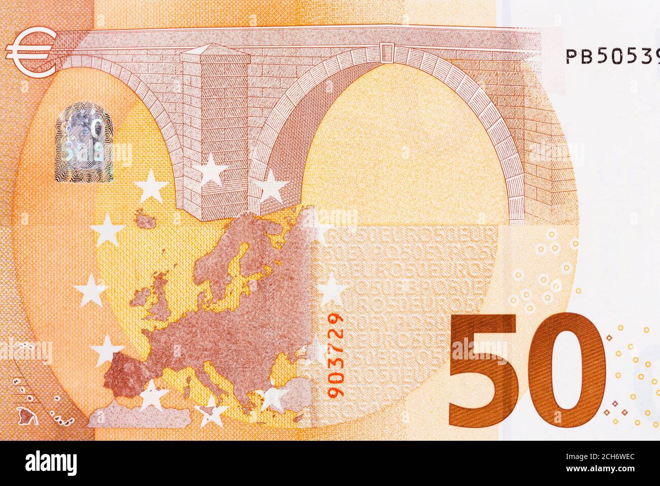 Macro details of fifty euro banknote close up. Stock Photo