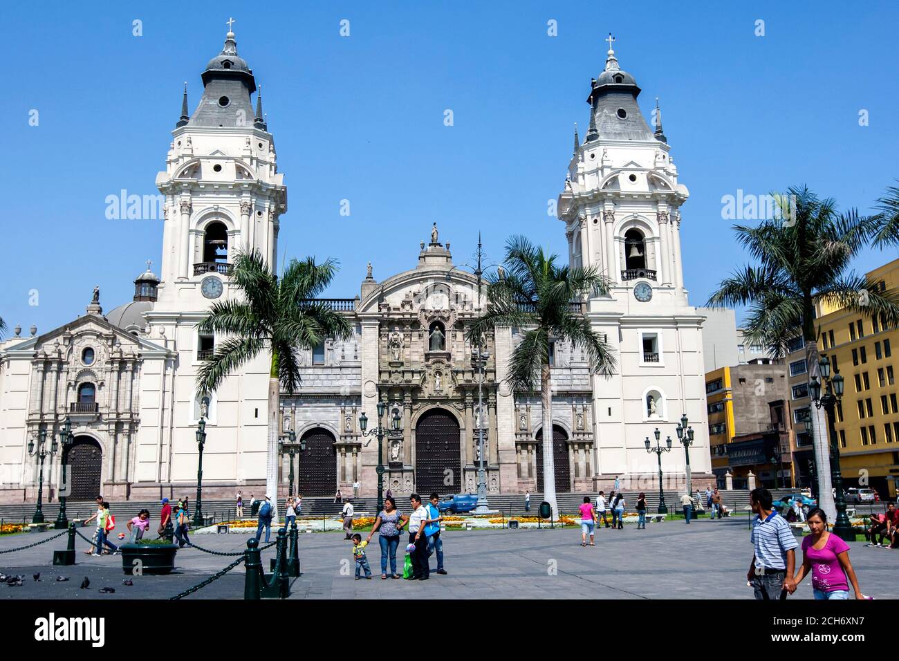 The Basilica Cathedral of Lima which is a Roman Catholic cathedral located in the Plaza Mayor of downtown Lima in Peru. Stock Photo
