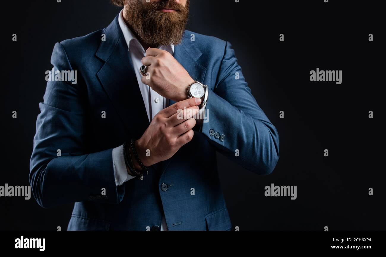Accessory luxury watch businessman wrist, jewelry gift concept. Stock Photo