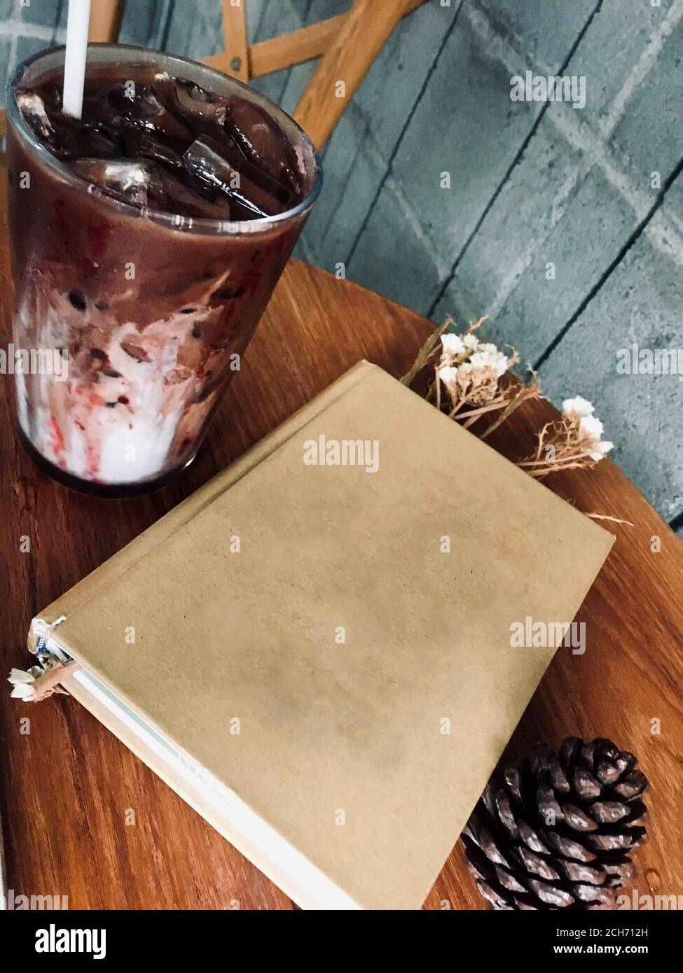 Glass of  chocolate and Empty brown book Stock Photo