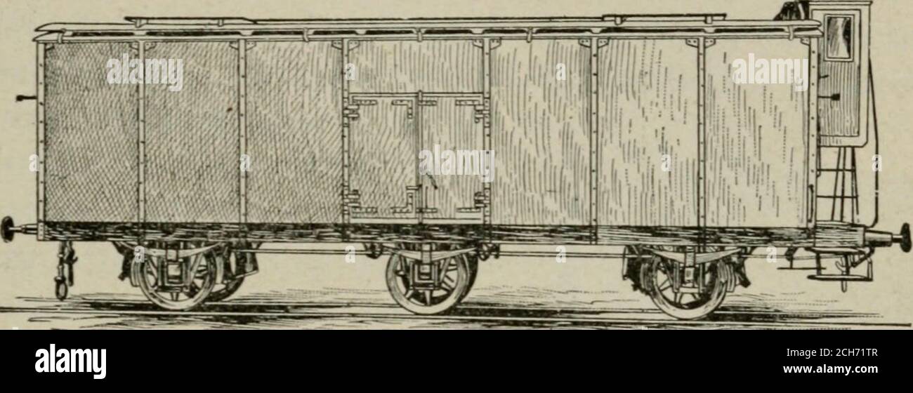 . Revised and enlarged ed. of the science of railways . Brazilian Dynamite Car. Length, 14 ft.,6 in.; height of sides, Oft., 3 in.; weight,5 tons; load, G tons. LOCOMOTIVES AXD CARS. 187 carpet, cane and perforated wood were also triedbut in vain. The problem as snccessive thingswere tried ))ecame qnite exciting. Seats stuffedwith tow, straw, shavhigs of wood and excelsior. German Beer Car. were in turn experimented with, but still withoutsuccess. How little we appreciate this struggle to-day as we sit securely and comfortably back in aluxurious seat watching the flying fences andtrees! In the Stock Photo