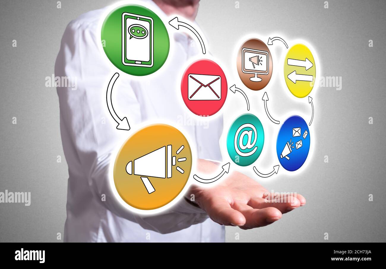 Communication concept levitating above a human hand Stock Photo - Alamy