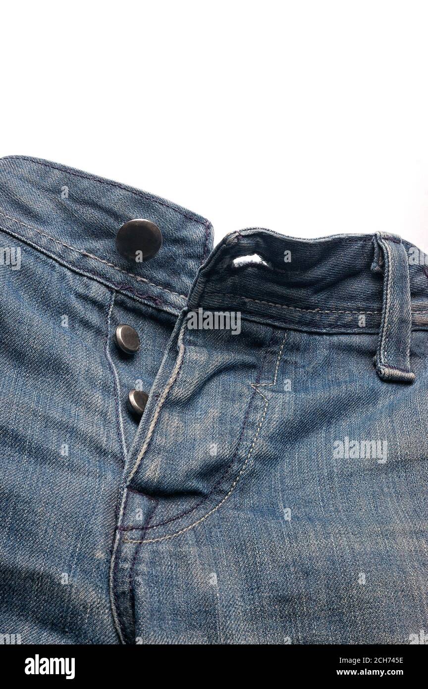 worn blue jeans with unbuttoned fly on white with copy space Stock ...