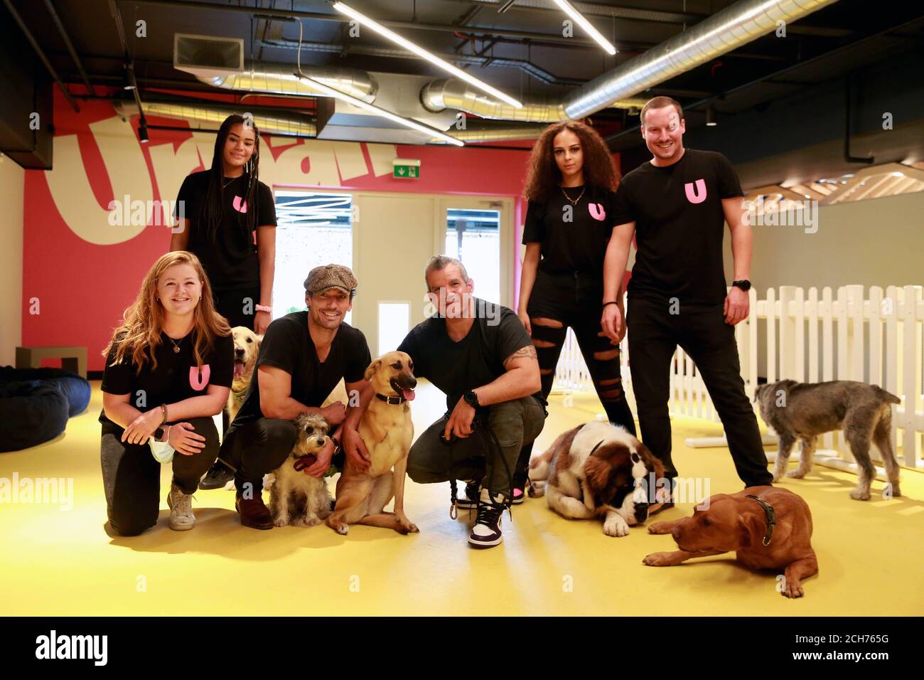 Model David Gandy (3rd left) with his dog Dora and founding partners, businessman Greg Hands (right) and celebrity Dog Jogger Barry Karacostas (3rd right), at the opening of Urban Mutts, the UK's first Dog Club and Hotel, providing a luxury service for London's pets and their owners at Westfield London. Stock Photo