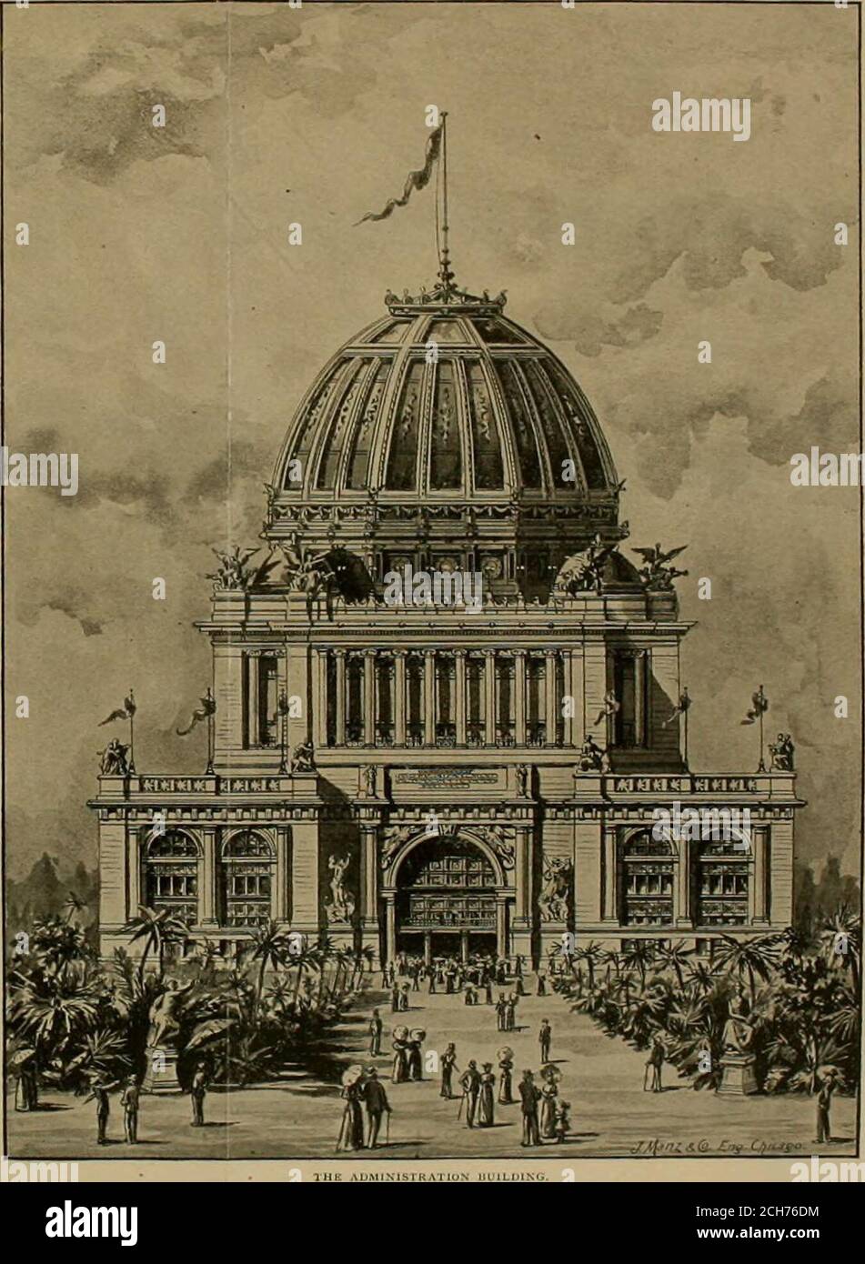 . The street railway review . Tm-: Administration Buildinfj is pronounced the gemand crown of the exposition palaces. It is at the westend of the great court looking eastward, with the trans-portation facilities and depots at the west. The gildeddome of this lofty building is 120 feet in diameter and portions, and crewned with sculpture; the second storyis of the Ionic order, the whole forming a design in thestyle of the French renaissance. The interior features of this great building are in keep-ing with the external. The underside of the dome is. 220 feet in height, and will attract the atte Stock Photo