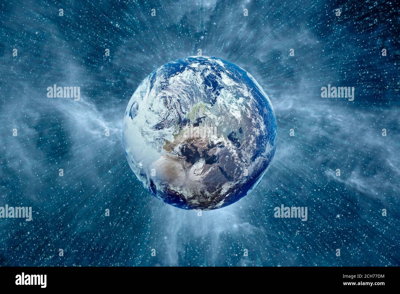 Planet earth in space above Europe with stars Stock Photo