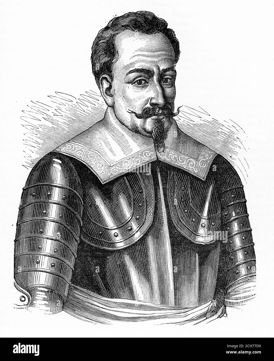 Engraving of Albrecht Wenzel Eusebius von Wallenstein (1583 – 1634), Bohemian military leader and statesman who fought on the Catholic side during the Thirty Years' War (1618–1648). His successful martial career made him one of the richest and most influential men in the Holy Roman Empire by the time of his death. Illustration from 'The history of Protestantism' by James Aitken Wylie (1808-1890), pub. 1878 Stock Photo