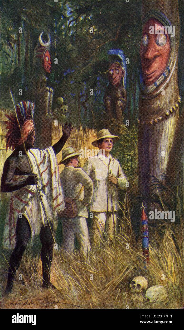 Halftone of a South Pacific islander explaining to the missionaries that their idols will be removed by the time of their next visit. Stock Photo