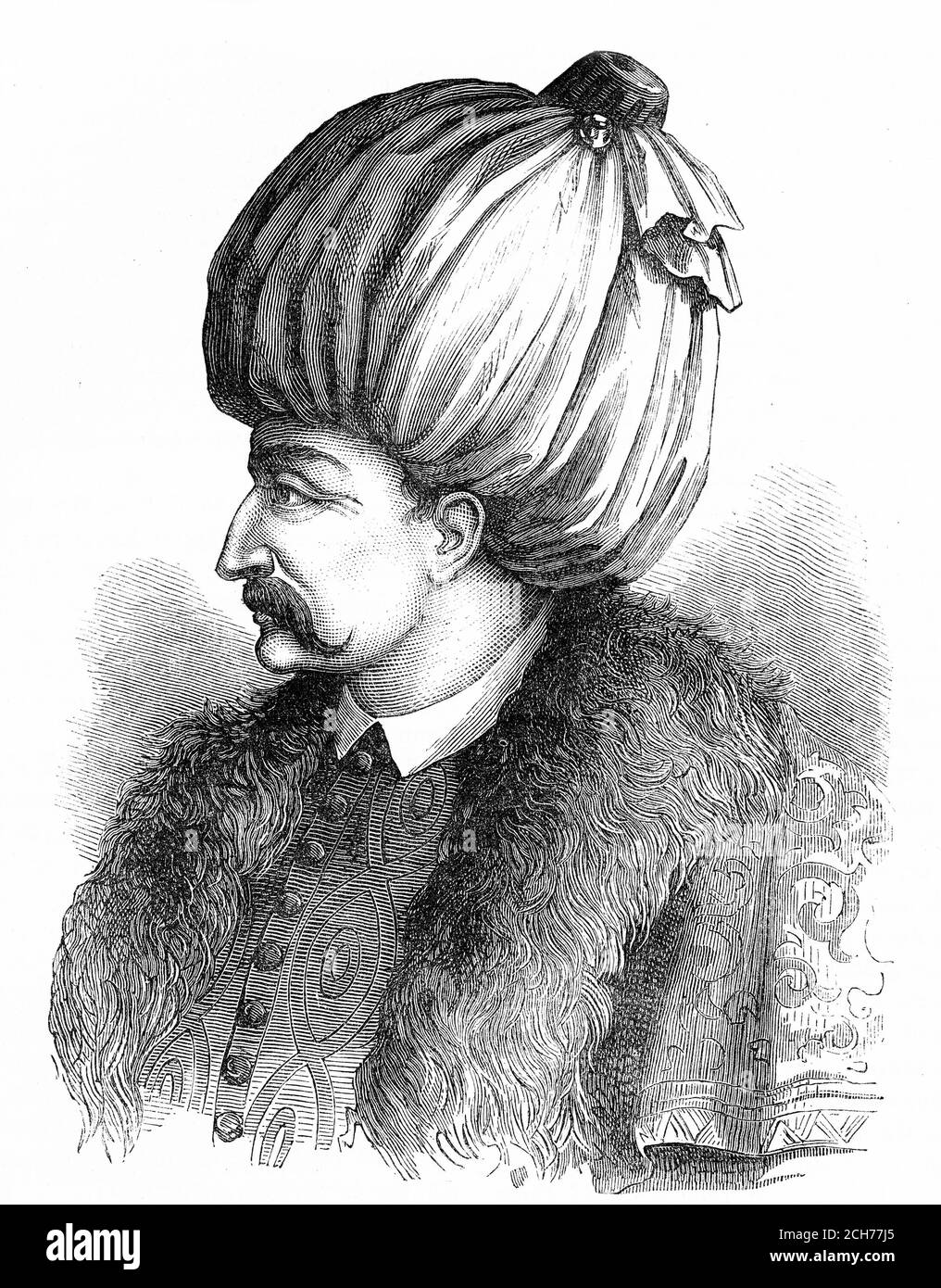 Engraving of Suleiman I (1494 – 1566), commonly known as Suleiman the Magnificent in the West and Suleiman the Lawgiver , the tenth and longest-reigning Sultan of the Ottoman Empire from 1520 until his death in 1566. illustration from 'The history of Protestantism' by James Aitken Wylie (1808-1890), pub. 1878 Stock Photo