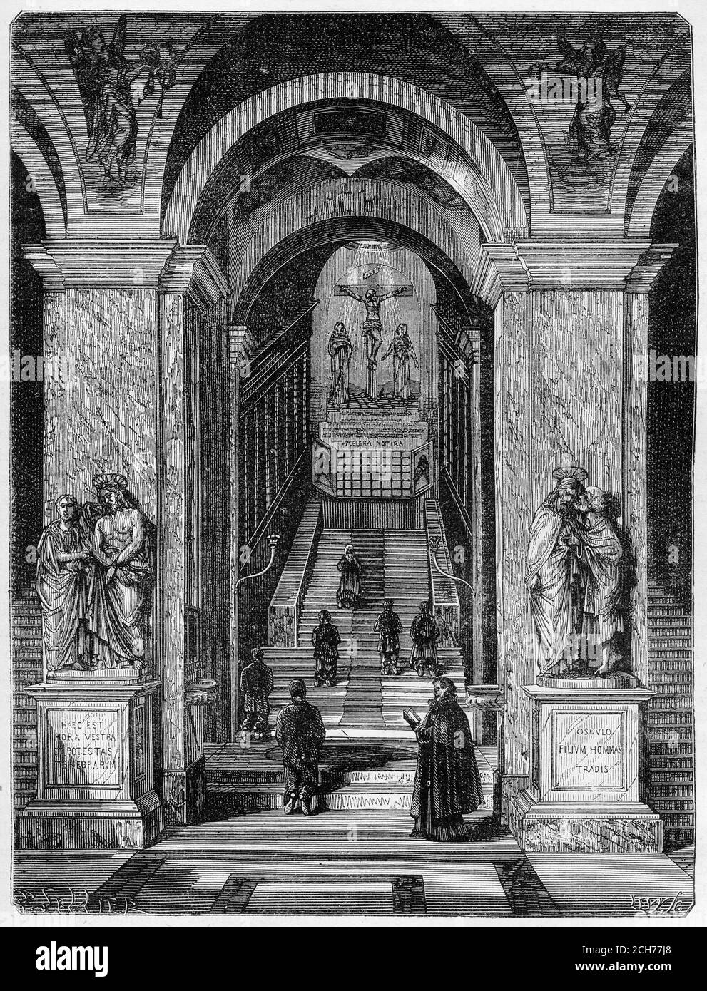 Engraving of the scala sancta, or the holy stairs in Rome, illustration from 'The history of Protestantism' by James Aitken Wylie (1808-1890), pub. 1878. According to Roman Catholic tradition, the Holy Stairs were the steps leading up to the praetorium of Pontius Pilate in Jerusalem on which Jesus Christ stepped on his way to trial during his Passion. Stock Photo