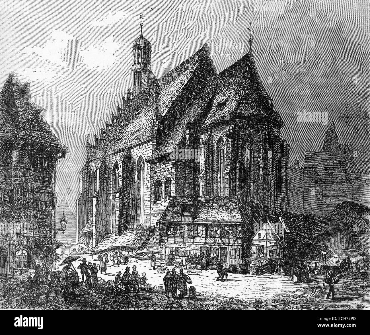 Engraving of the market in Nuremberg circa 1550, illustration from 'The history of Protestantism' by James Aitken Wylie (1808-1890), pub. 1878 Stock Photo