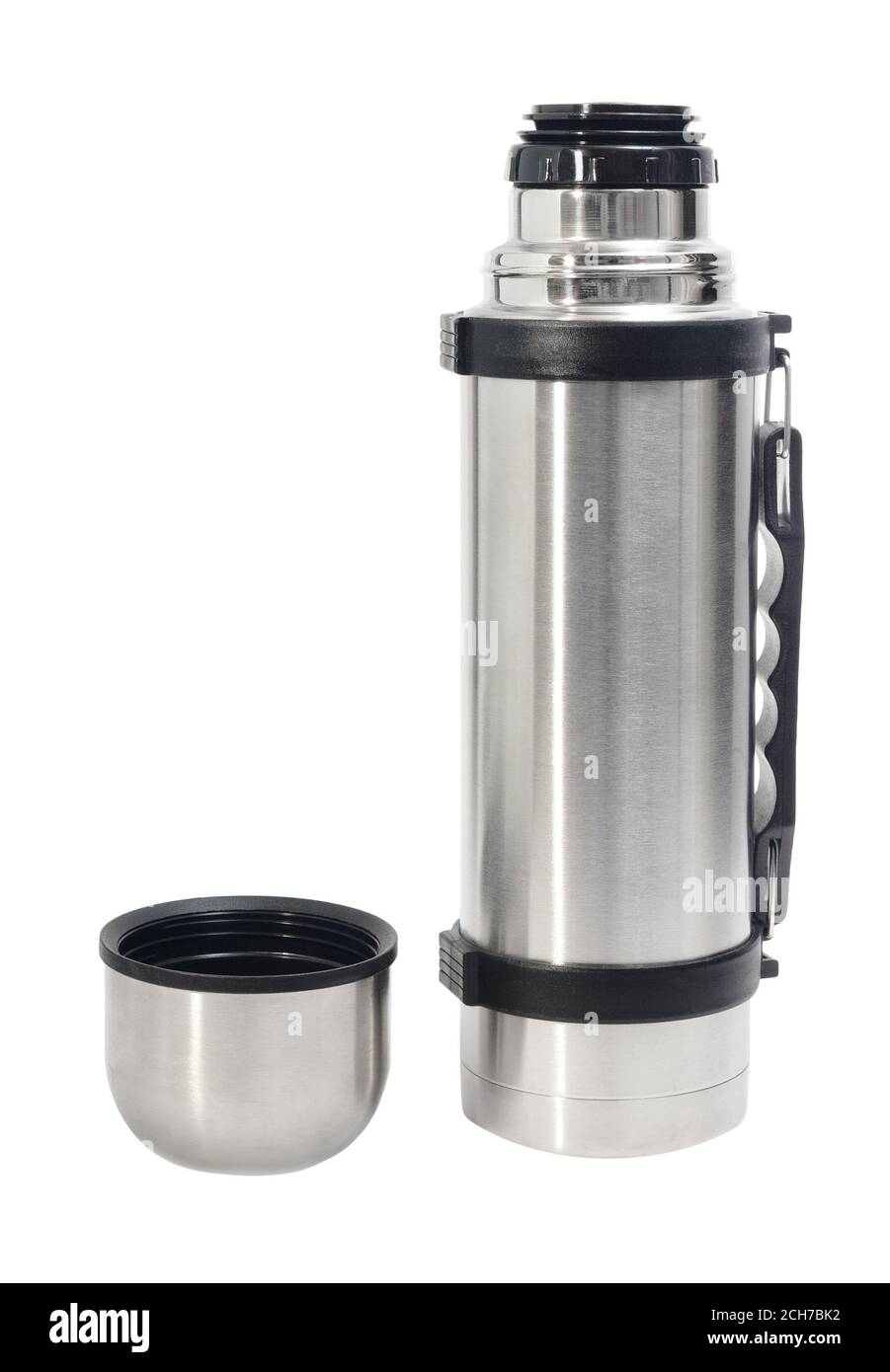 thermos flask with handle and cup isolated on white Stock Photo Alamy
