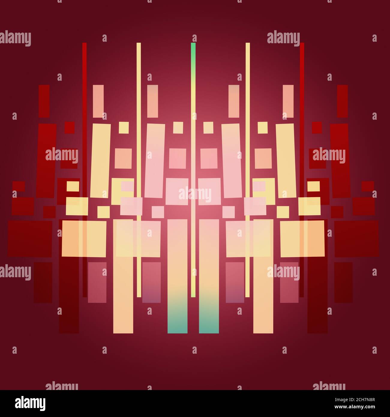Abstract row of straight lines and square shapes on dark red background ...