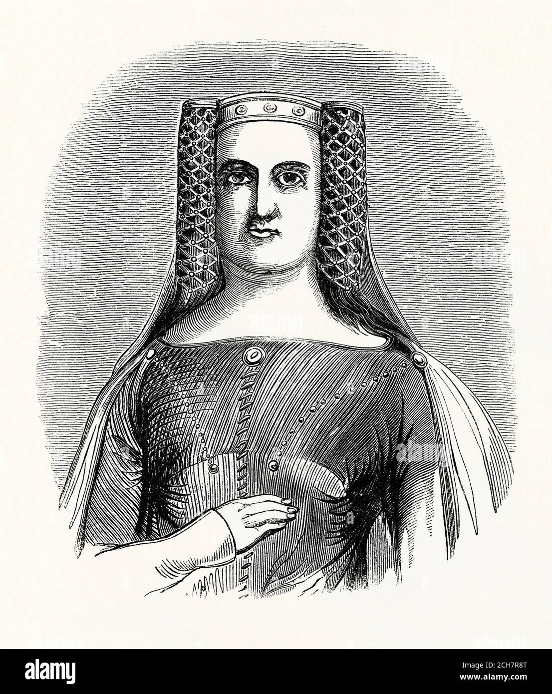 An old engraving of Philippa of Hainault (1310–1369). Philippa was Queen of England, the wife of King Edward III. They married in 1328, some months after Edward's accession to the throne of England. She acted as regent in 1346 when her husband was away for the Hundred Years' War. Phillipa influenced King Edward to take interest in the nation's commercial expansion and often went on expeditions to Scotland and France. She was popular with the English people, which helped maintain peace in England throughout their reign. Stock Photo