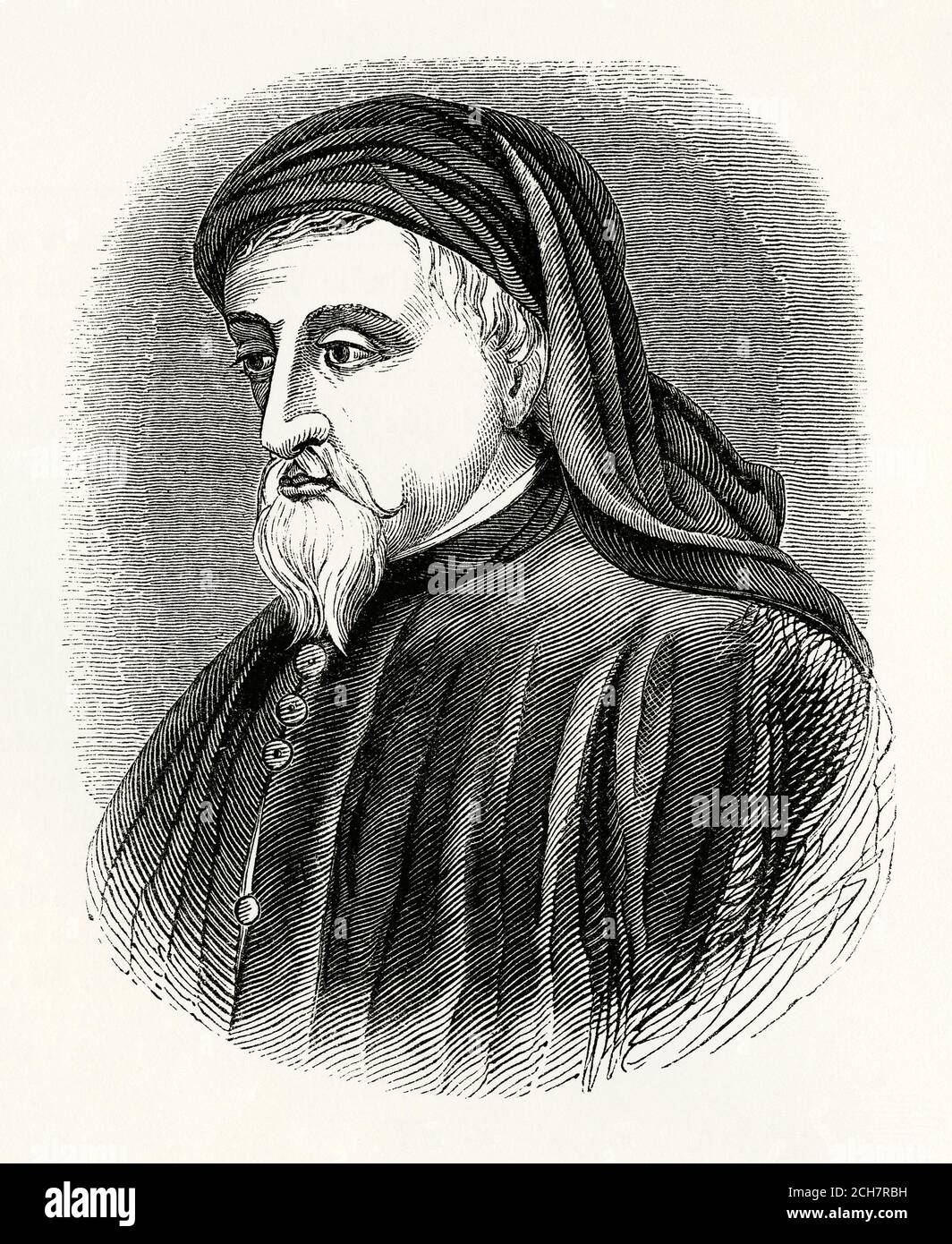 An old engraving of Geoffrey Chaucer (c. 1340s –1400). He was a poet and author, widely considered the greatest English writer of the middle ages and is best known for ‘The Canterbury Tales’. He was the first writer to be buried in what has since come to be called Poets' Corner in Westminster Abbey. Chaucer was also a philosopher and astronomer. He had a career in the civil service as a diplomat and was a member of parliament. He famously wrote in ‘Middle English’ at a time when the dominant written languages in the country were still French and Latin. Stock Photo