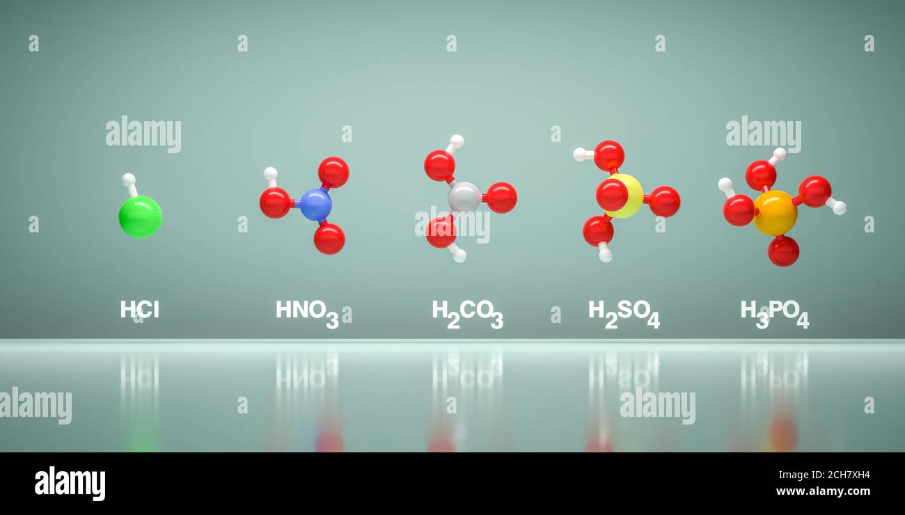 Models of acid molecules HCl, HNO3, H2CO3, H2SO4 and H3PO4. Atom colors: Hydrogen white, Carbon grey, Nitrogen blue, Chlorine green, Oxygen red, Sulfu Stock Photo