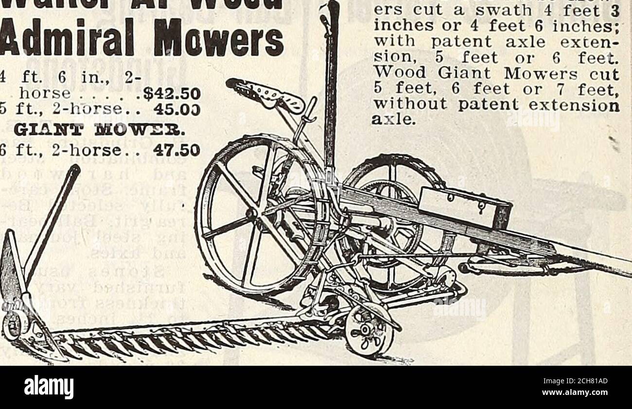 1915 Griffith and Turner Co. : farm and garden supplies . Walter A.  WoodAdmiral Mowers 4 ft. 6 in., 2-horse $42.50 5 ft., 2-horse. 45.00GIANT  UOWEB. 6 ft, 2-horse. 47.50 Wood